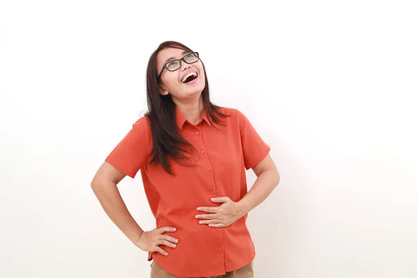 Lustige Junge Asiatische Frau Die Viel Lacht Und Ihren Bauch — Stockfoto