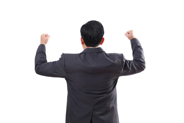 Back View Asian Businessman Celebrating His Success While Lifting Clenching Stock Picture