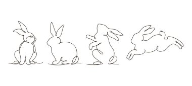 Paskalya tavşanı tek sıra halinde. Elle çizilmiş şirin siluet tavşan vektör çizimi. Tebrik kartı, etiket, poster tasarımı