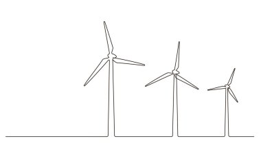 Rüzgar çiftliği türbini alternatif yeşil enerji sürekli bir çizgi ikonu çizimi. Karalama stilinde yenilenebilir kaynak enerji konsepti vektör çizimi. İnovasyon ve çevre tasarımı için Contour hattı işareti