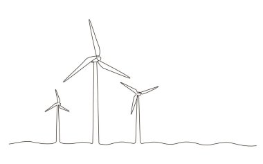 Rüzgâr çiftliği türbini denizde alternatif enerji kesintisiz bir hat çiziyor. Karalama stilinde yenilenebilir kaynak enerji konsepti vektör çizimi. İnovasyon ve çevre tasarımı için Contour hattı işareti