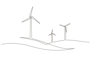 Rüzgâr tarlası türbinli tepe manzarası enerji kesintisiz bir çizgi ikonu çizer. Yenilenebilir kaynak yeşil enerji konsept vektör çizimi. Yenilik ve çevre tasarımı için bir satır oluştur
