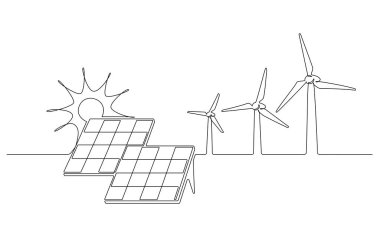 Rüzgar çiftliği türbini, güneş paneli sürekli bir çizgi ikonu çizimi. Yenilenebilir kaynak enerji kavramı vektör çizimi doğrusal tarzda. İnovasyon ve çevre tasarımı için Contour hattı işareti