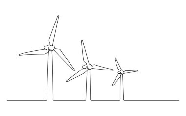 Rüzgar çiftliği türbini alternatif yeşil enerji sürekli bir çizgi ikonu çizimi. Karalama stilinde yenilenebilir kaynak enerji konsepti vektör çizimi. İnovasyon ve çevre tasarımı için Contour hattı işareti