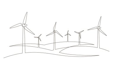 Rüzgâr tarlası türbinli tepe manzarası enerji kesintisiz bir çizgi ikonu çizer. Yenilenebilir kaynak yeşil enerji konsept vektör çizimi. Yenilik ve çevre tasarımı için bir satır oluştur