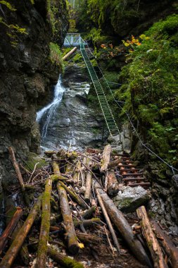 Difficul trail with ladder near the waterfall in canyon of National park Slovak paradise, Slovakia. Slovakia