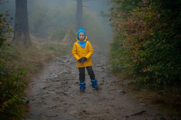 Das Kind Steht Regenmantel Auf Dem Bergweg Polnische Berge — Stockfoto