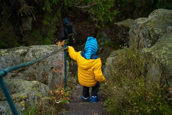 Çocuk Dağlardaki Yürüyüş Yolunda Taş Basamaklardan Iniyor Polonya Dağları — Stok fotoğraf