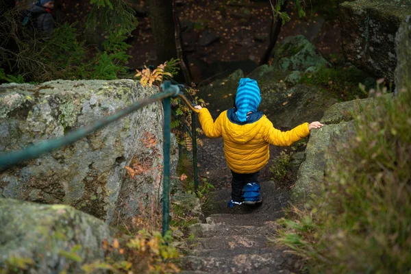 那孩子在山中的远足小径上走下石阶 波兰山区 — 图库照片