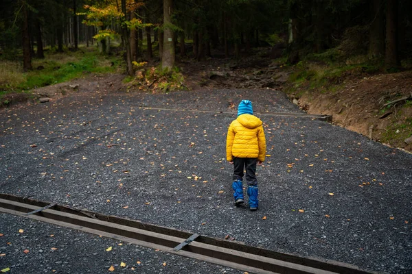 Het Kind Staat Het Bergpad Regenjas Poolse Bergen — Stockfoto