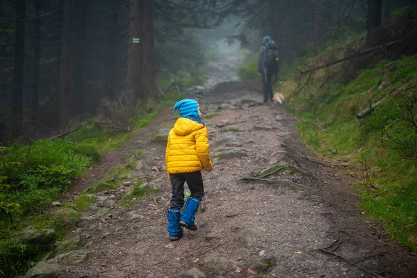 Anne Küçük Oğlu Nemli Sonbahar Havasında Dağ Yoluna Çıkarlar Onlara — Stok fotoğraf
