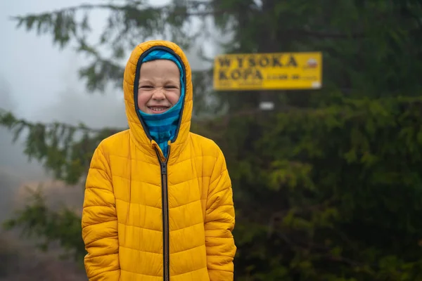 Glückliches Und Lächelndes Kind Nach Erreichen Eines Kleinen Berggipfels Polnische — Stockfoto
