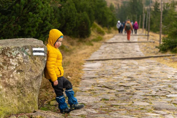 Das Kind Ruht Auf Dem Bergweg Und Lehnt Einem Großen — Stockfoto