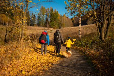 Anne ve çocuk dağ yürüyüşü yolunda yürüyorlar. Ailece vakit geçirmek. Polonya dağları