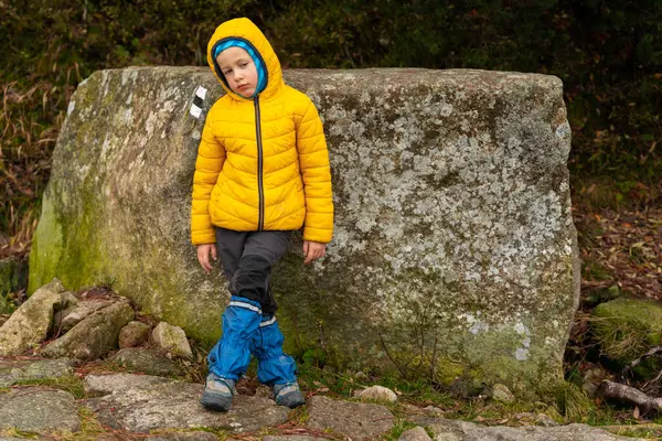 Das Kind Ruht Auf Dem Bergweg Und Lehnt Einem Großen — Stockfoto