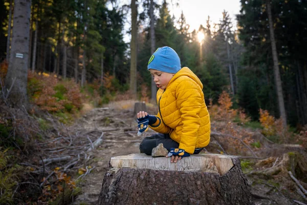 Kleines Kind Sitzt Auf Einem Großen Baumstumpf Bergweg Und Isst — Stockfoto