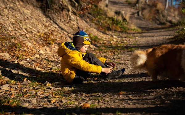 Kleines Kind Das Mürrisch Auf Dem Wanderweg Sitzt Herbstsaison — Stockfoto