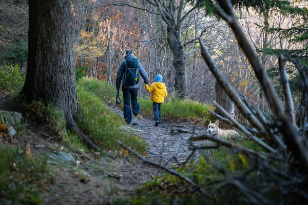 Eine Mutter Mit Kind Und Hund Geht Auf Dem Bergwanderweg — Stockfoto