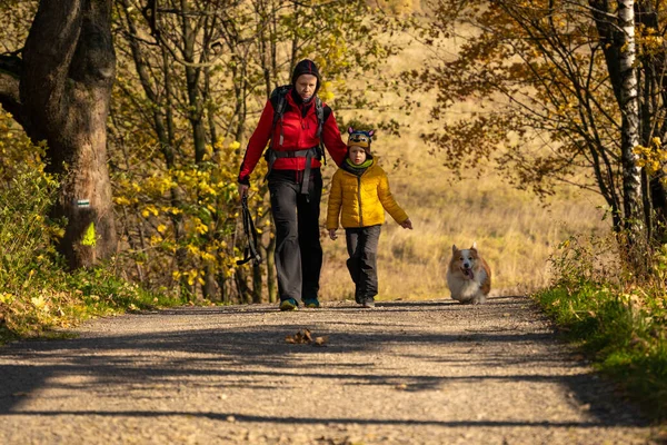 stock image Mum and child are walking along the mountain hiking trail. Family spending time. Polish mountains