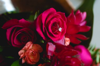 Güzel bir alyans yakın plan, tipik olarak sol yüzük parmağına takılan bir yüzük, genellikle metalden yapılır, geleneksel olarak altından ya da başka değerli bir metalden. Takan kişinin evli olduğunu gösterir.