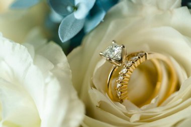 Güzel bir alyans yakın plan, tipik olarak sol yüzük parmağına takılan bir yüzük, genellikle metalden yapılır, geleneksel olarak altından ya da başka değerli bir metalden. Takan kişinin evli olduğunu gösterir.