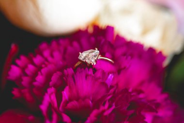 Güzel bir alyans yakın plan, tipik olarak sol yüzük parmağına takılan bir yüzük, genellikle metalden yapılır, geleneksel olarak altından ya da başka değerli bir metalden. Takan kişinin evli olduğunu gösterir.