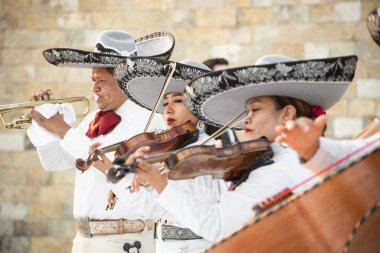 San Lucas Los Cabos, Meksika - 2023 Meksika Mariachi, genellikle gitar, gitar, keman ve trompet kullanan üç kişilik geleneksel bir müzik topluluğudur.