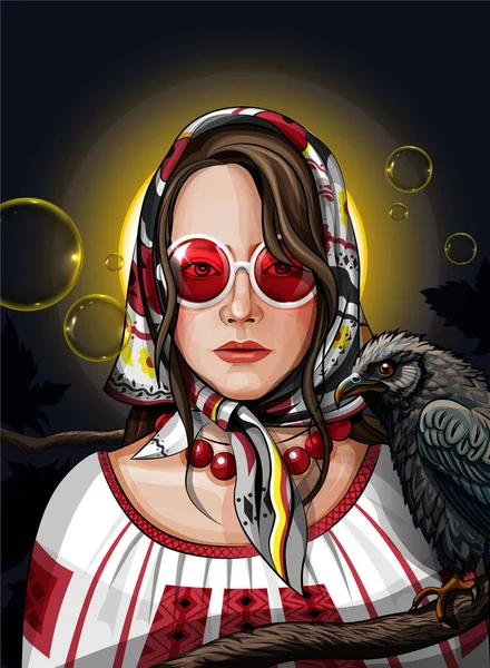 Mladá Dívka Módních Červených Brýlích Nebo Dívka Ptákem — Stockový vektor