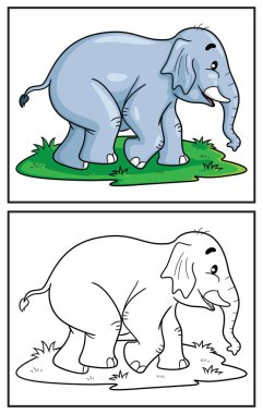 Boyama kitabı şirin fil. Renkli sayfa ve renkli Clipart karakteri. Vektör çizgi film illüstrasyonu.