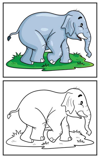 かわいい象のぬり絵 ぬりえページとカラフルなクリッパーキャラクター ベクトル漫画イラスト — ストックベクタ