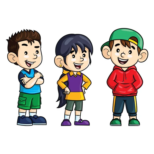 3人の笑顔の子供の可愛い漫画のイラスト — ストックベクタ