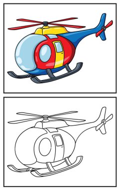 Boyama kitabı şirin helikopter. Renkli sayfa ve renkli Clipart karakteri. Vektör çizgi film illüstrasyonu.