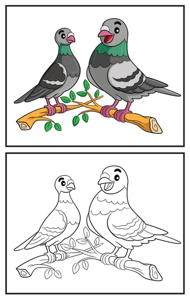Livre Colorier Couple Pigeons Mignon Coloriage Caractère Clipart Coloré Illustration — Image vectorielle