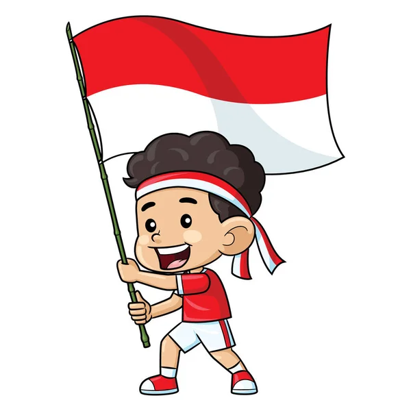 一个男孩兴奋地拿着印度尼西亚国旗的卡通画很有趣 独立日 — 图库矢量图片