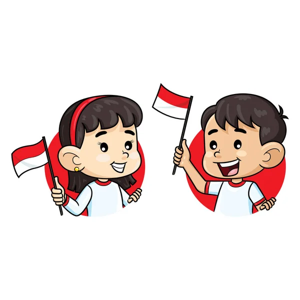 Cute Kartun Ilustrasi Anak Anak Memegang Bendera Indonesia Dalam Lingkaran - Stok Vektor