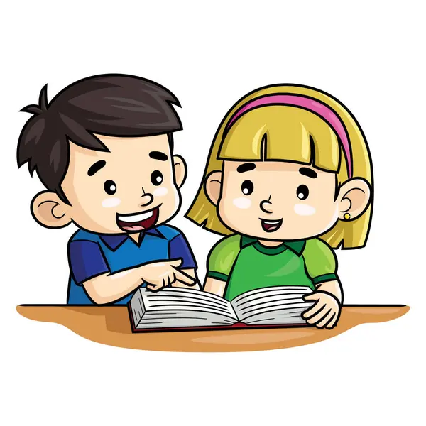 Nette Cartoon Illustration Von Kindern Die Zusammen Lesen Lernen — Stockvektor