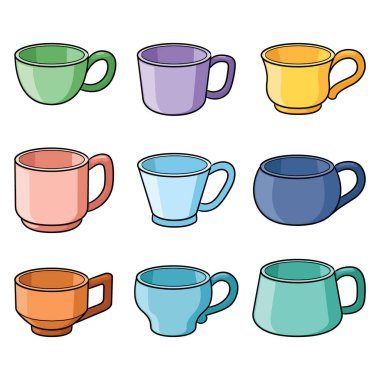 Çeşitli tatlı karikatür bardaklarının tasviri.