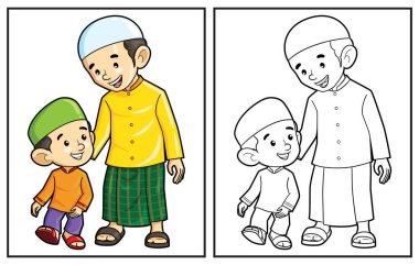 Boyama kitabı sevimli çocuk ve babası. Renkli sayfa ve renkli Clipart karakteri. Vektör çizgi film illüstrasyonu.