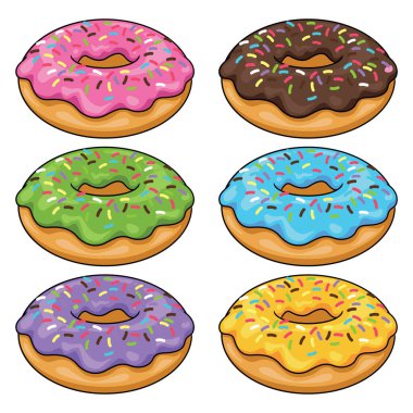 Sevimli renkli çizgi film donutları çizimi.