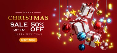 Christmas Sale Template Hanging Flying Box Gift Christmas Ball Red Blue Gold Christmas Lights Bokeh Red Background Banner 3D Render clipart