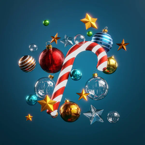 Christmas Stick Candy Stars Ball Glass Object Ornaments Blue Background — Fotografia de Stock