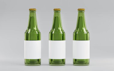 Three Green Glass Beer Bottle Mock-Up Template Blank Label 3D Render