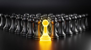 Leadership Concept Yellow Glow Pawn Chess Leading Black Pawn Formation 3D Render clipart