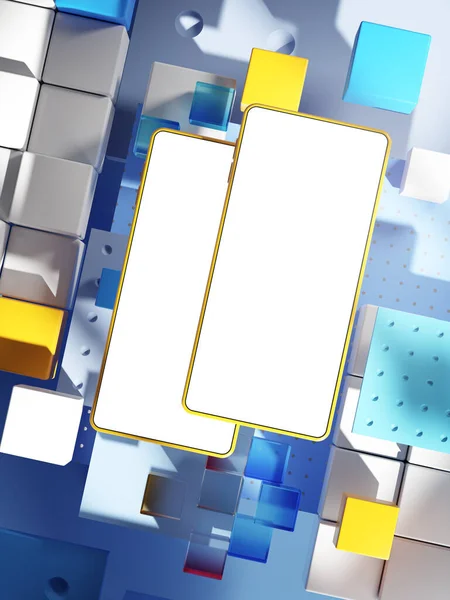 Double Screen Template Mockup Smartphone Abstract Blue Cubes 3D Render