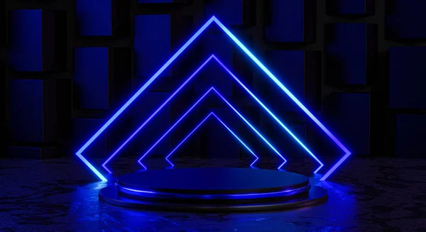 Blue Square Neon Light Podium Stage Round Black Dark Display Product 3D Rendering
