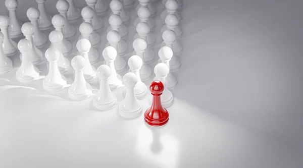 Leadership Concept Red Pawn Chess Leading White Pawn Formation Render Stockbild