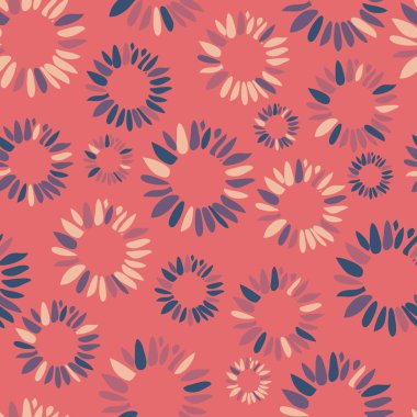 Pembe arka planda soyut çiçekleri olan kusursuz bir vektör deseni. Basit sanatsal çiçek desenli duvar kağıdı tasarımı. Dekoratif pastel yaz tekstili.