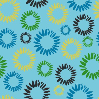 Mavi arka planda sanatsal çiçek açan kusursuz vektör deseni. Basit bir çiçek dekoru duvar kağıdı tasarımı. Dekoratif botanik moda tekstili.