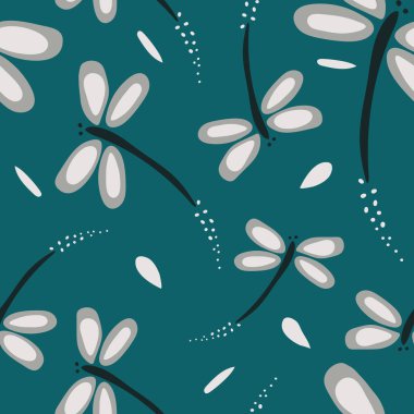 Yeşil arkaplanda soyut yusufçuklar olan kusursuz vektör deseni. Basit sanatsal sihirli duvar kağıdı tasarımı. Dekoratif el çizimi moda tekstili.