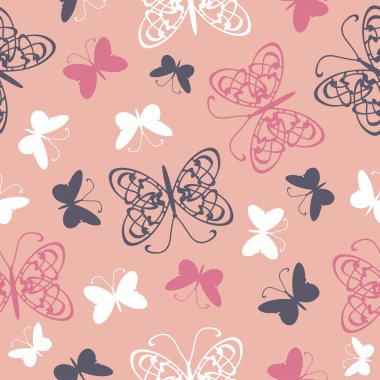 Pembe arka planda kelebekler olan kusursuz vektör deseni. Basit zarif bebek duşu duvar kağıdı tasarımı. Dekoratif modern yaz tekstili.